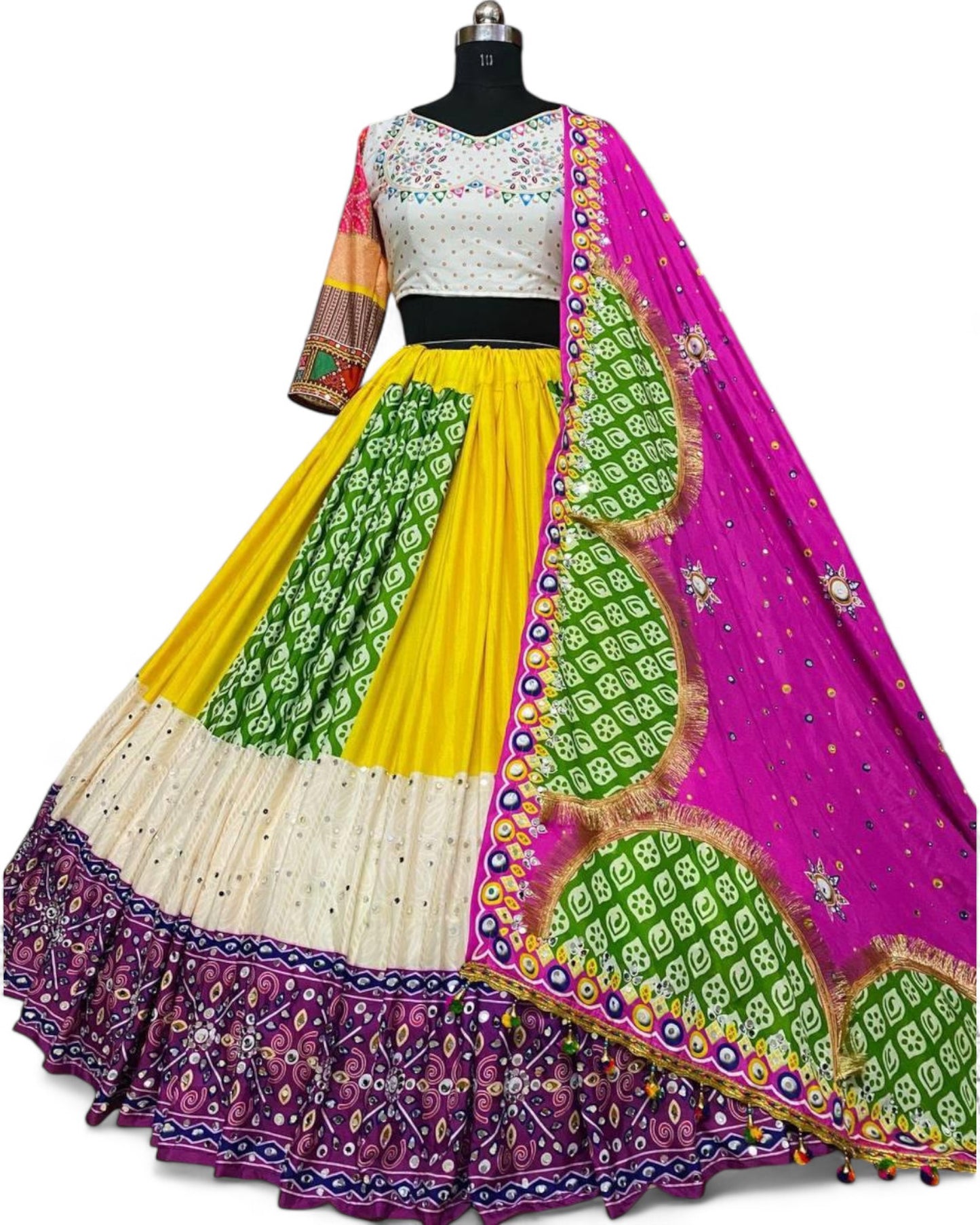 Yellow green print mirror work navratri lehenga chaniya choli