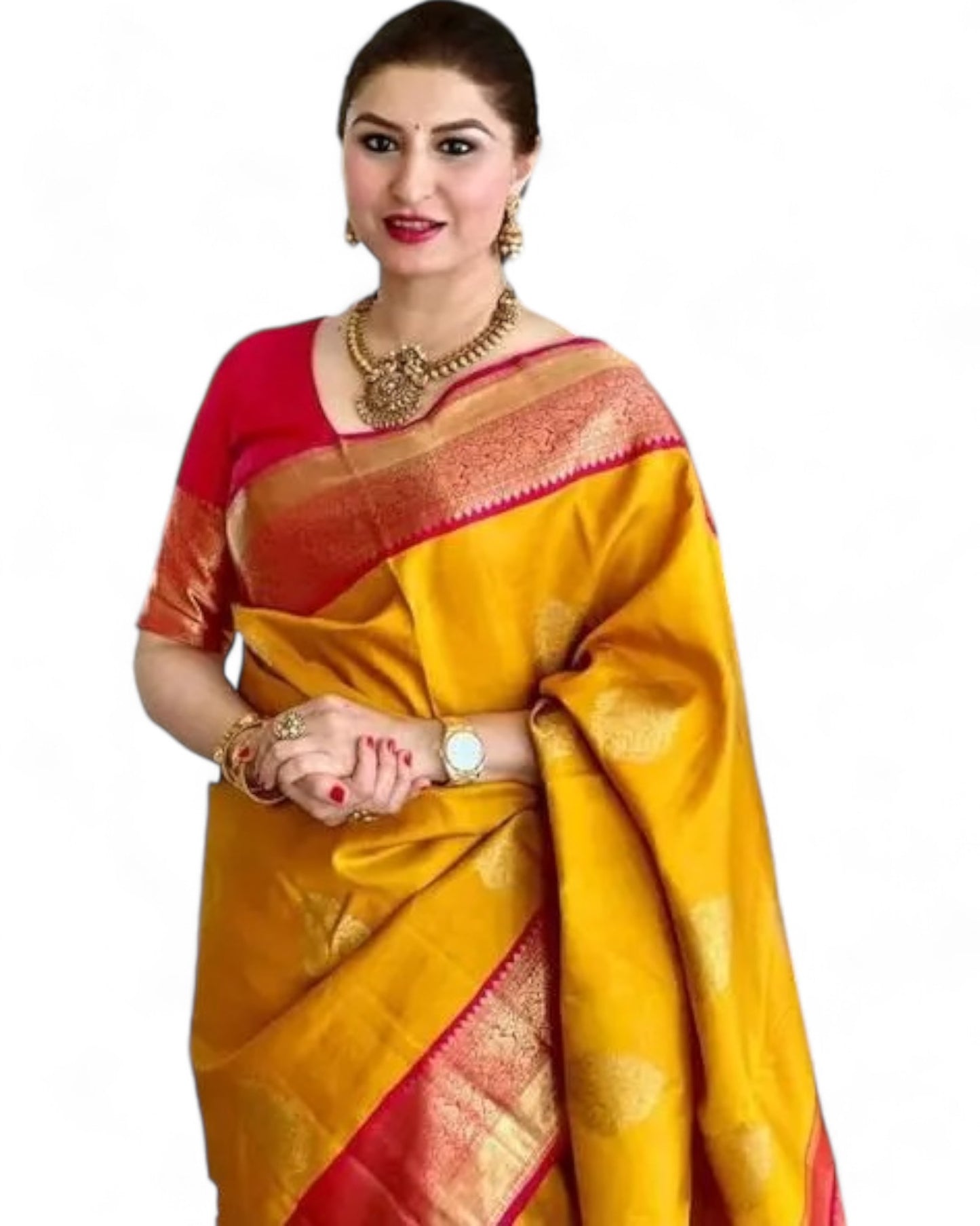 Yellow lichi silk rich pallu jacquard work ceremonial saree