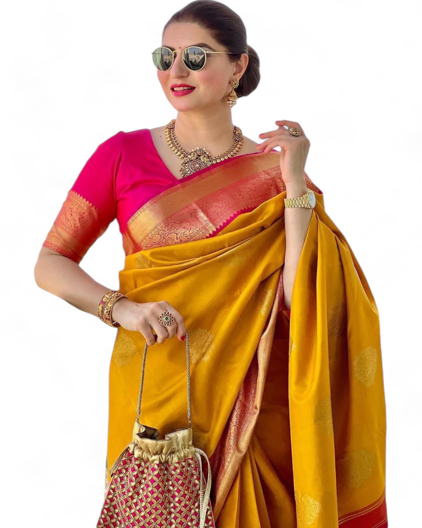 Yellow lichi silk rich pallu jacquard work ceremonial saree