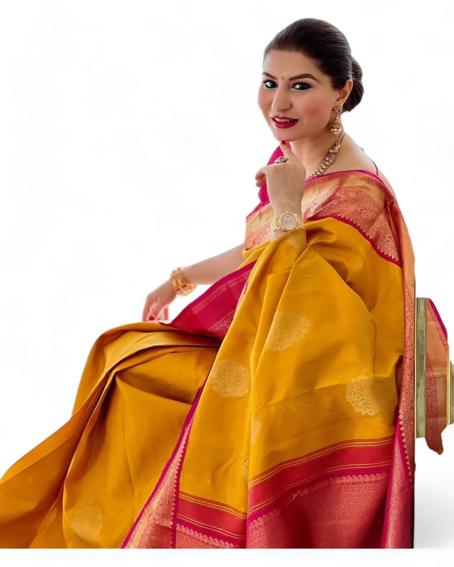 Yellow lichi silk rich pallu jacquard work ceremonial saree