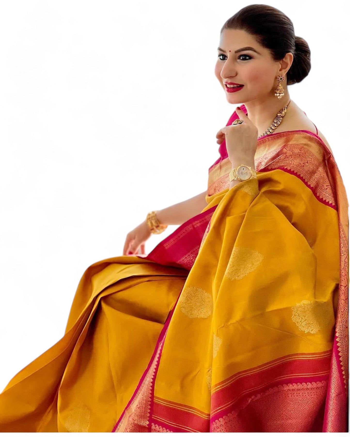 Yellow lichi silk rich pallu jacquard work ceremonial saree