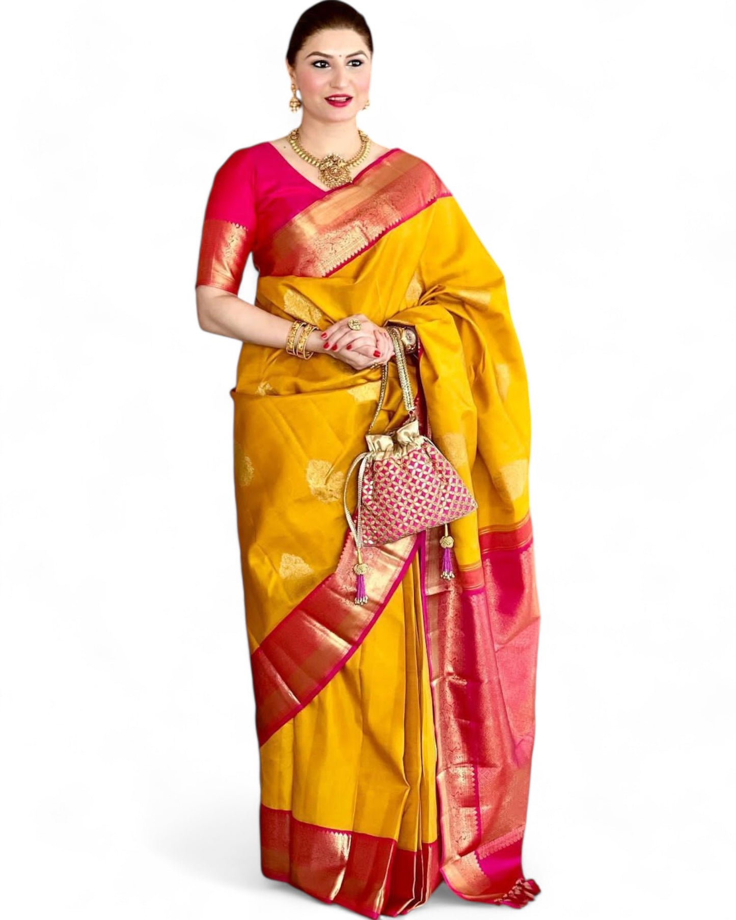 Yellow lichi silk rich pallu jacquard work ceremonial saree