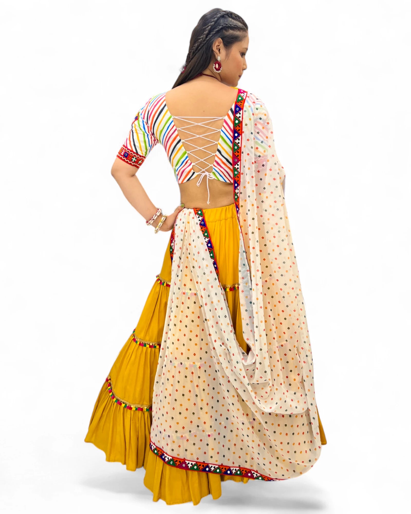 Yellow Rayon Navratri Gujarati Garba Lehenga Chaniya Choli with Stitched Blouse