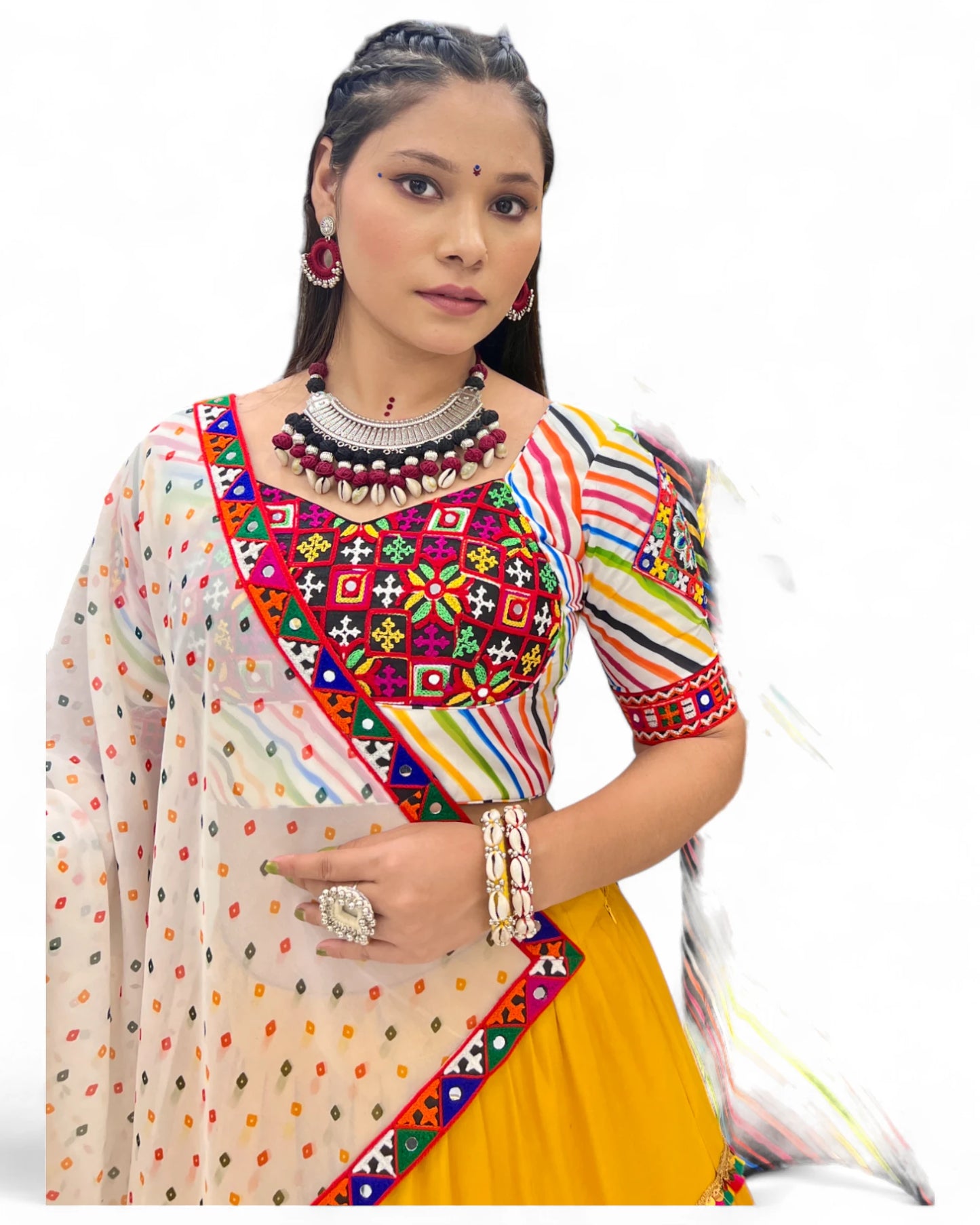 Yellow Rayon Navratri Gujarati Garba Lehenga Chaniya Choli with Stitched Blouse