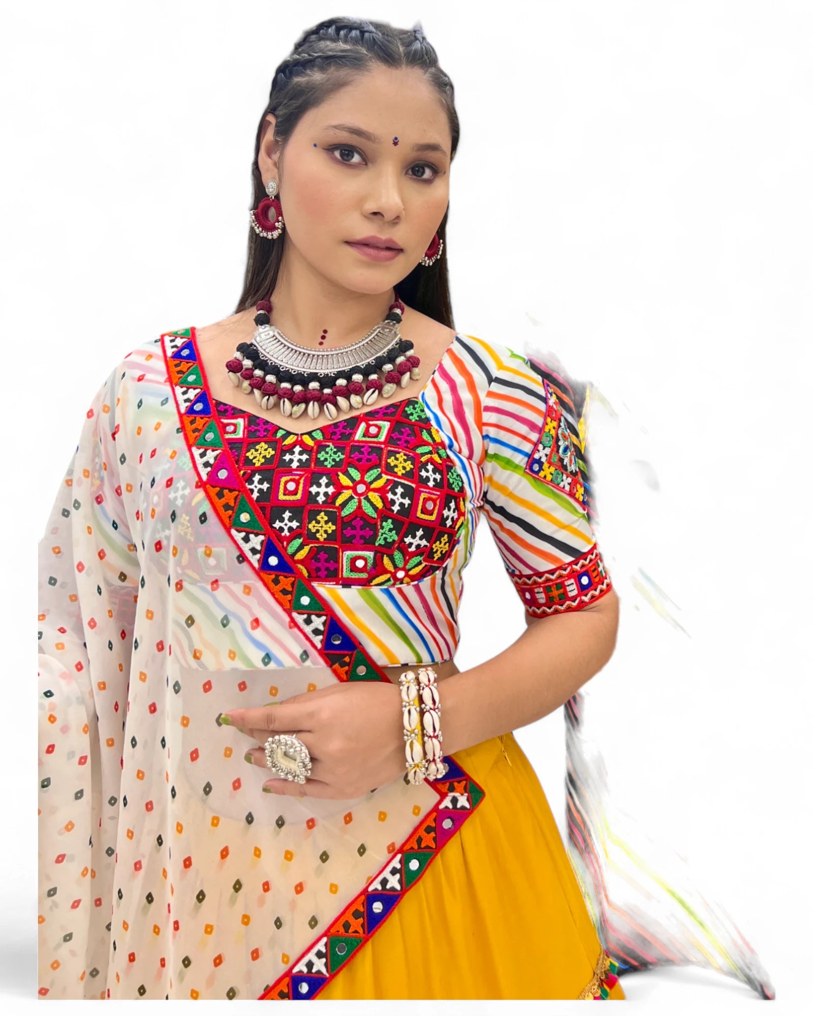 Yellow Rayon Navratri Gujarati Garba Lehenga Chaniya Choli with Stitched Blouse