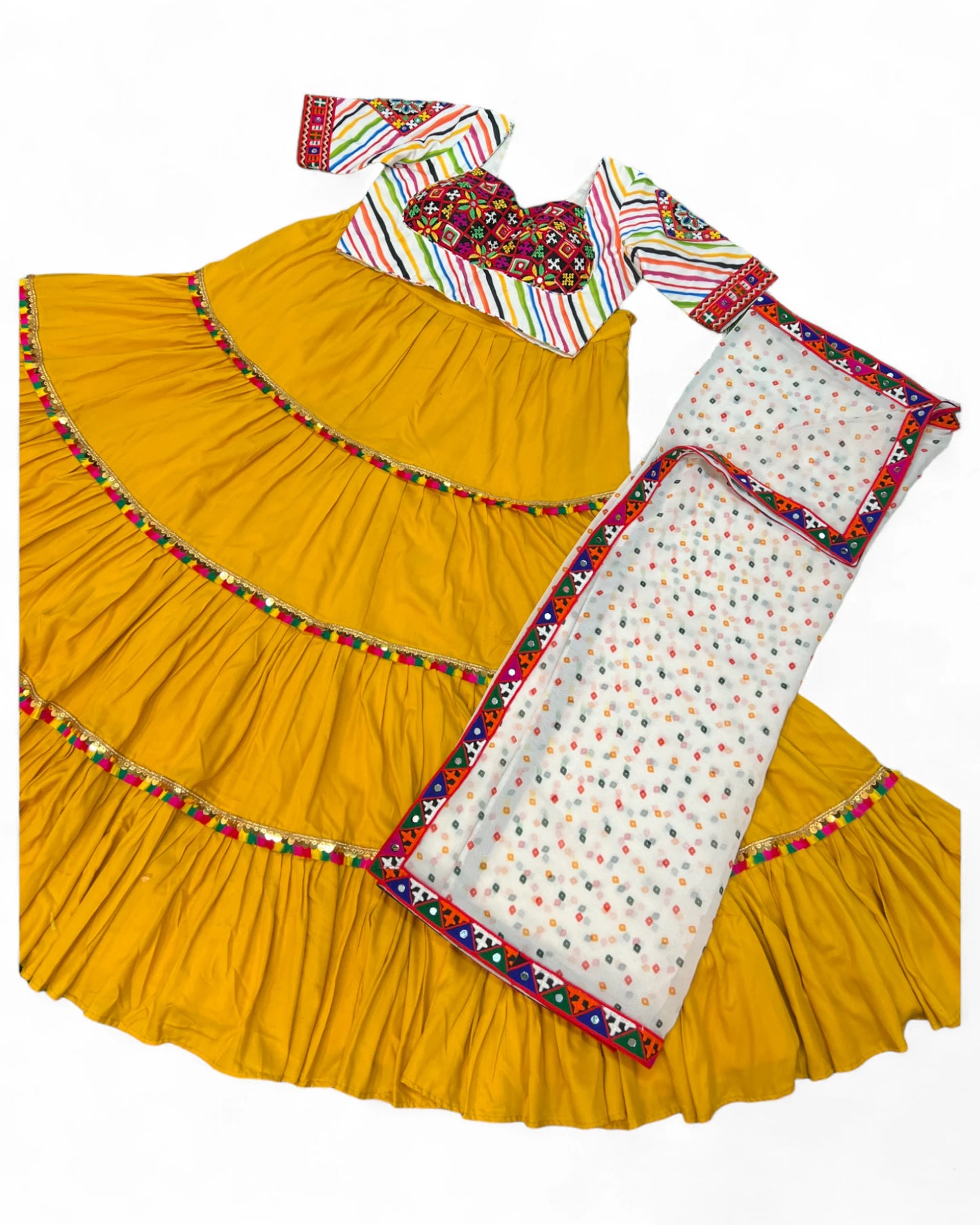 Yellow Rayon Navratri Gujarati Garba Lehenga Chaniya Choli with Stitched Blouse