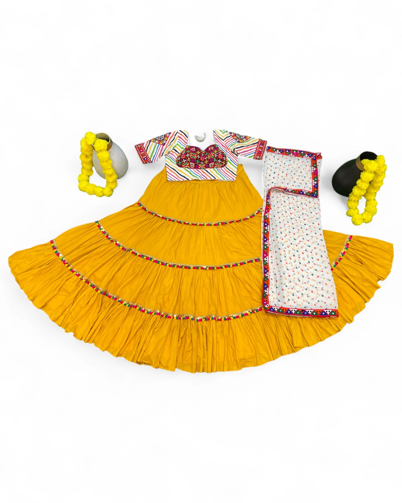 Yellow Rayon Navratri Gujarati Garba Lehenga Chaniya Choli with Stitched Blouse
