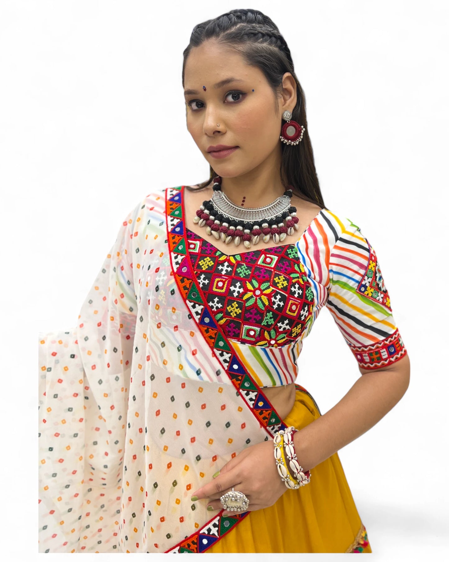 Yellow Rayon Navratri Gujarati Garba Lehenga Chaniya Choli with Stitched Blouse