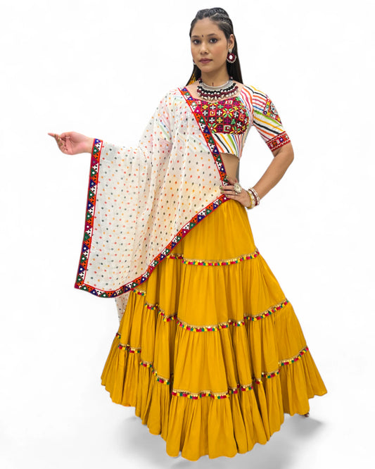 Yellow Rayon Navratri Gujarati Garba Lehenga Chaniya Choli with Stitched Blouse