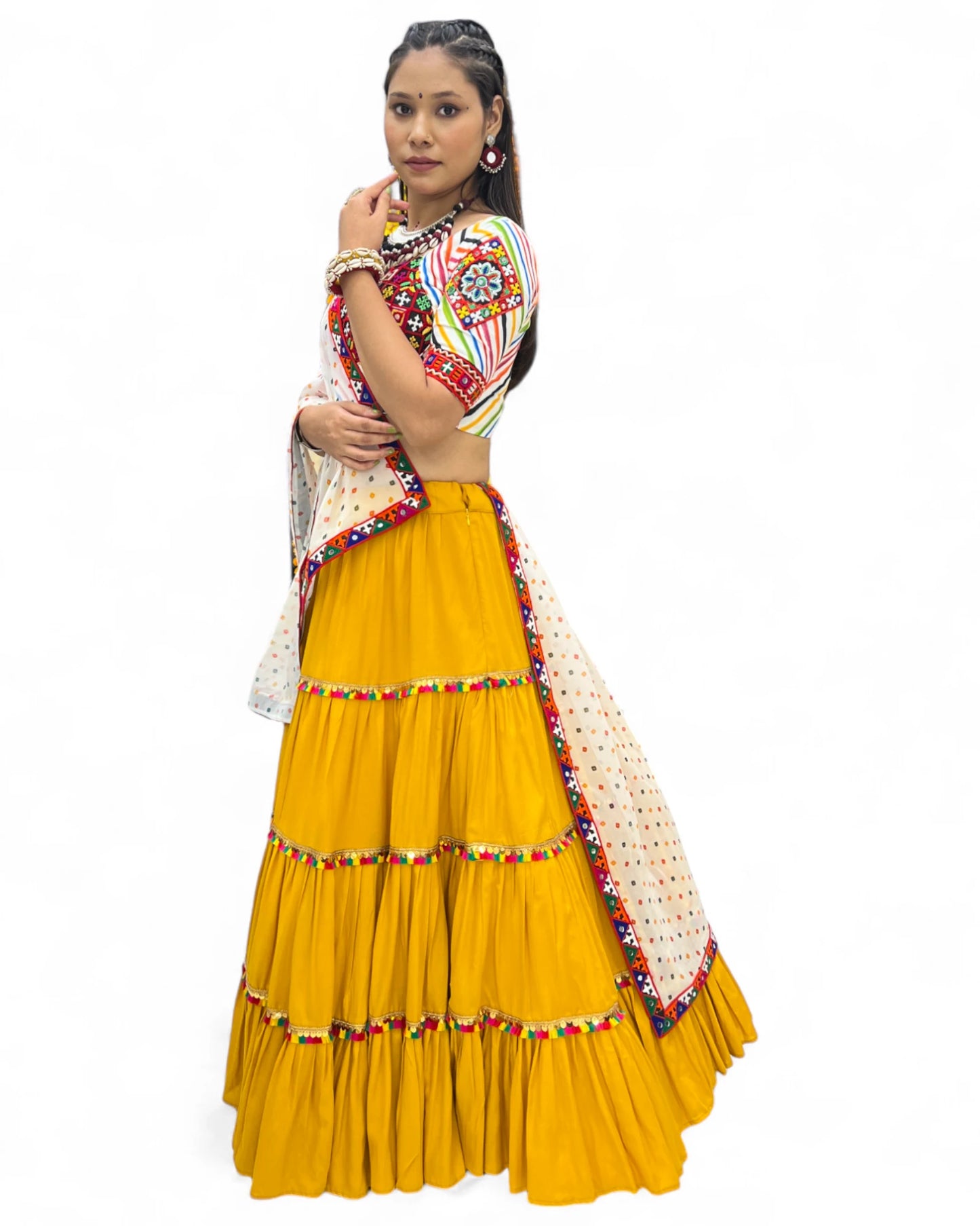 Yellow Rayon Navratri Gujarati Garba Lehenga Chaniya Choli with Stitched Blouse