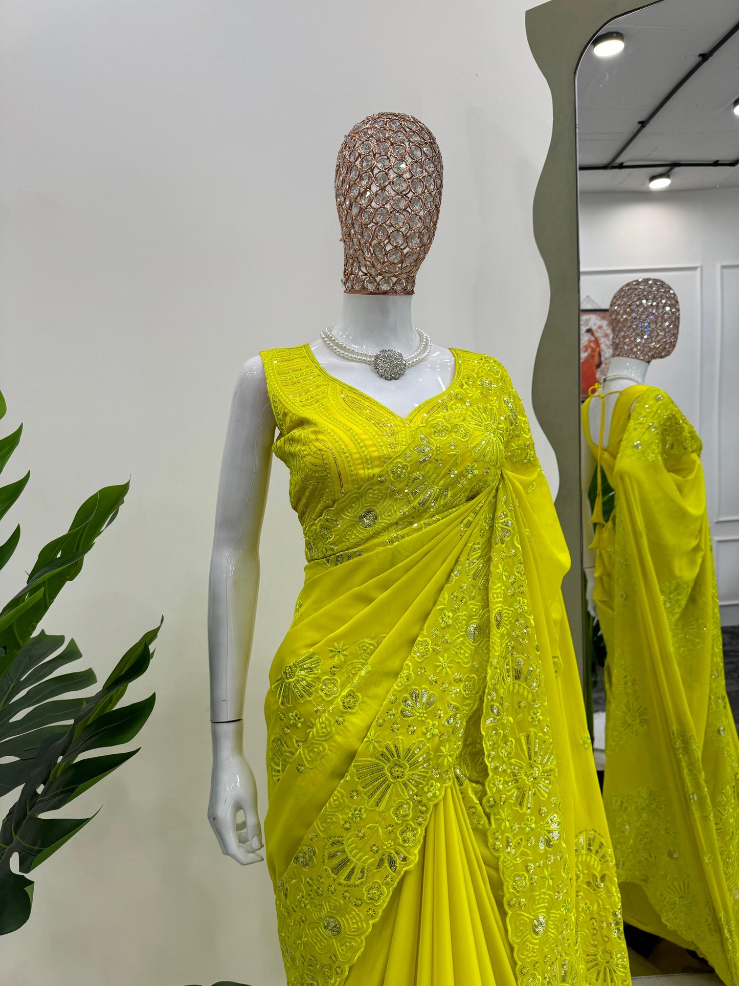 Yellow tibby silk heavy work designer ceremonial bollywood saree