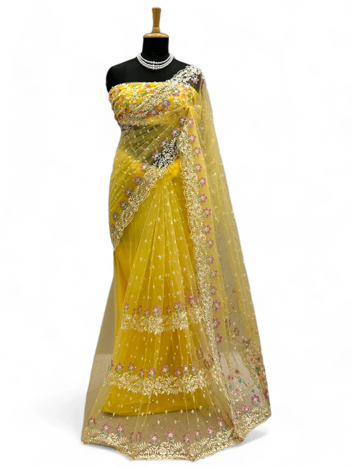 Yellow soft net designer ceremonial saree