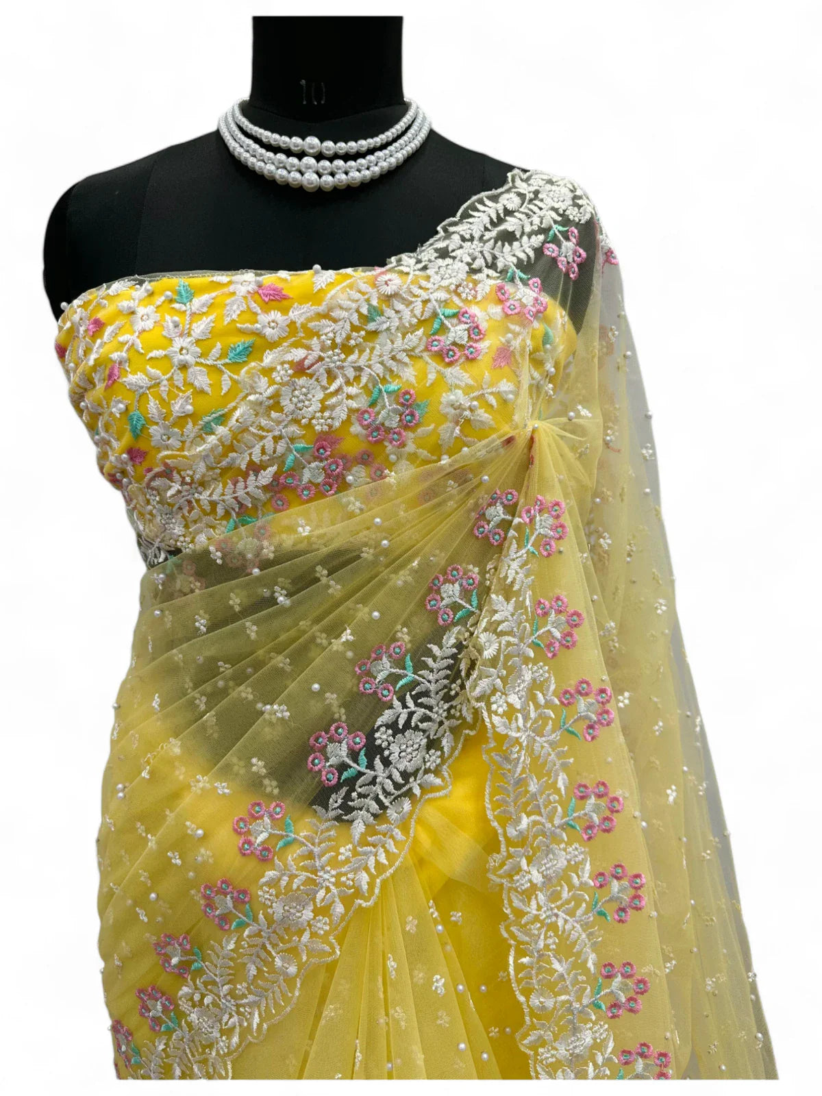 Yellow soft net designer ceremonial saree