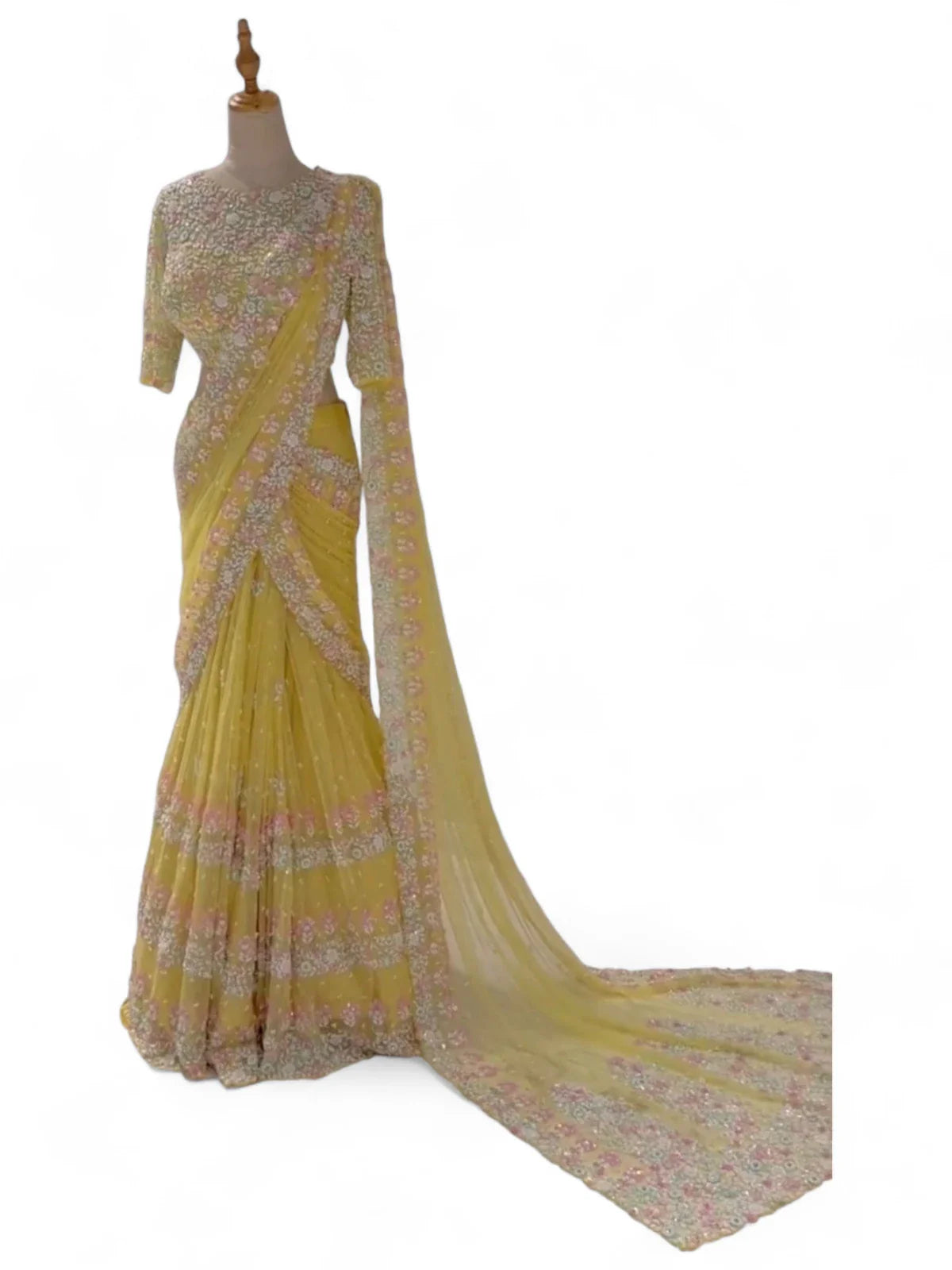 Yellow soft net designer ceremonial saree