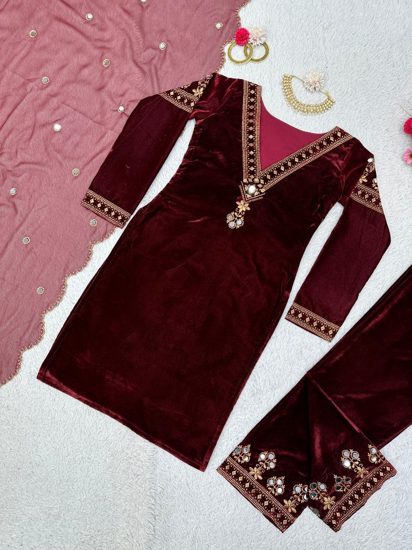 Alia bhatt maroon velvet bollywood pant salwar suit