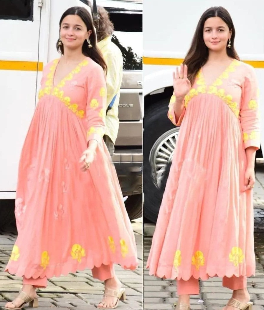Alia bhatt peach maslin cotton embroidered designer kurti