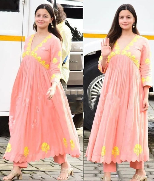 Alia bhatt peach maslin cotton embroidered designer kurti