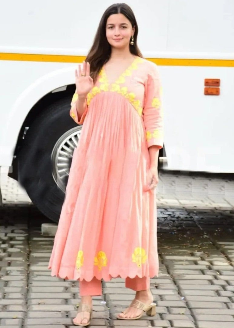 Alia bhatt peach maslin cotton embroidered designer kurti