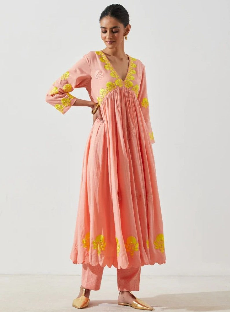 Alia bhatt peach maslin cotton embroidered designer kurti
