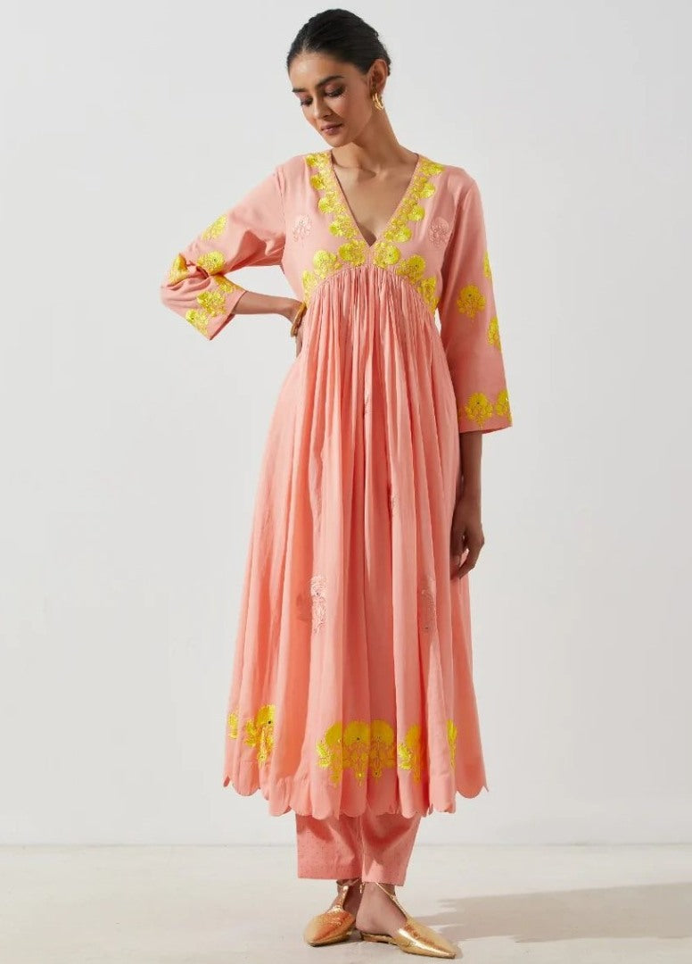 Alia bhatt peach maslin cotton embroidered designer kurti