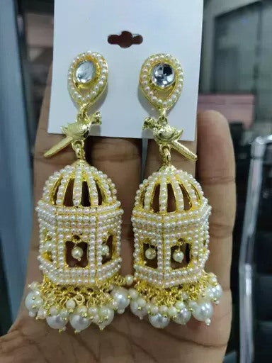Alloy gold plated pearl cage jhumka earrings