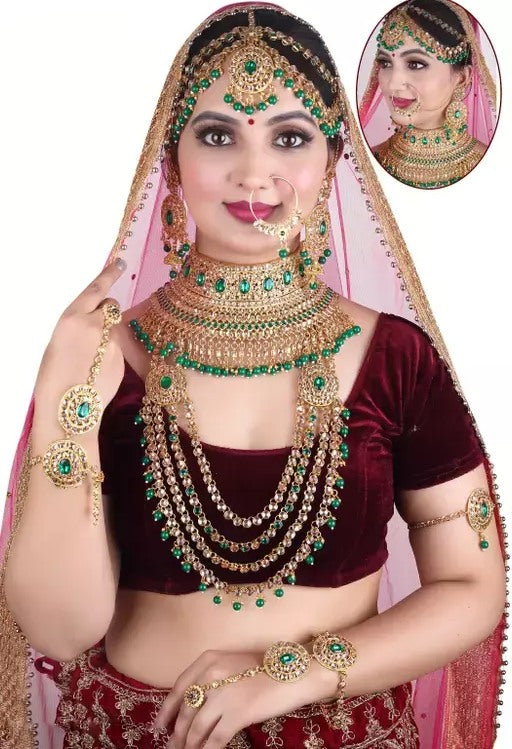 Alloy gold plated stones and beads heavy bridal jewellery set for wedding