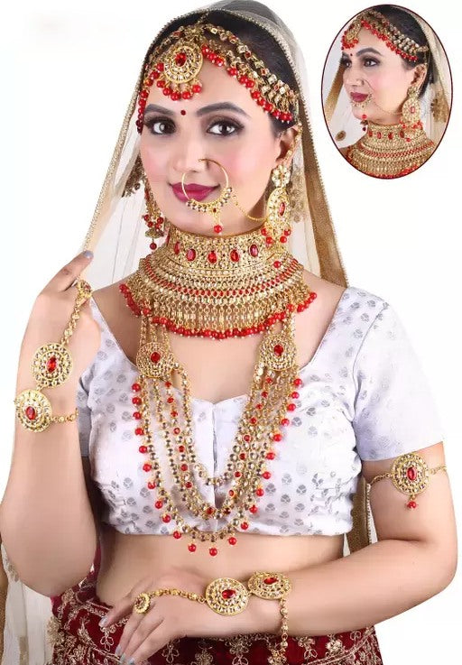 Alloy gold plated stones and beads heavy bridal jewellery set for wedding
