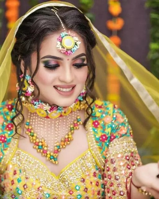 Alloy multicolor flowers and pearls bridal jewellery for mehndi and haldi ceremony