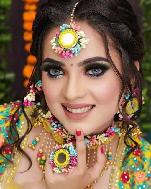 Alloy multicolor flowers and pearls bridal jewellery for mehndi and haldi ceremony