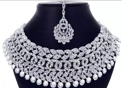 Alloy silver plated american diamond necklace with earrings and maangtika