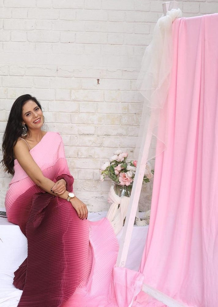 Baby pink and maroon georgette pleated saree