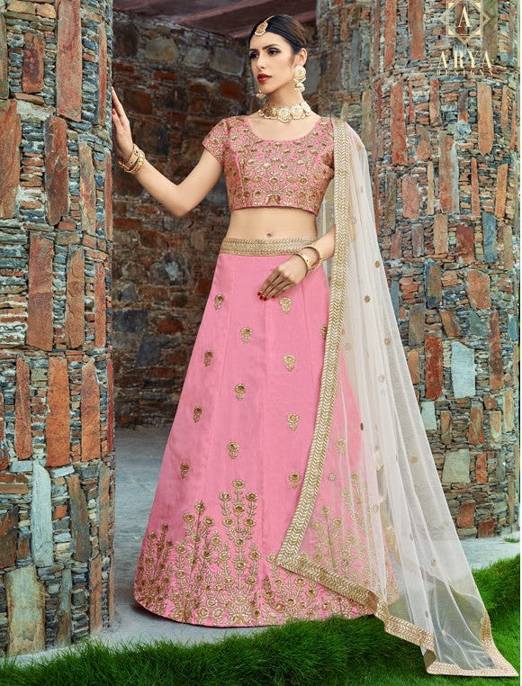 baby pink art silk embroidered wedding lehenga choli