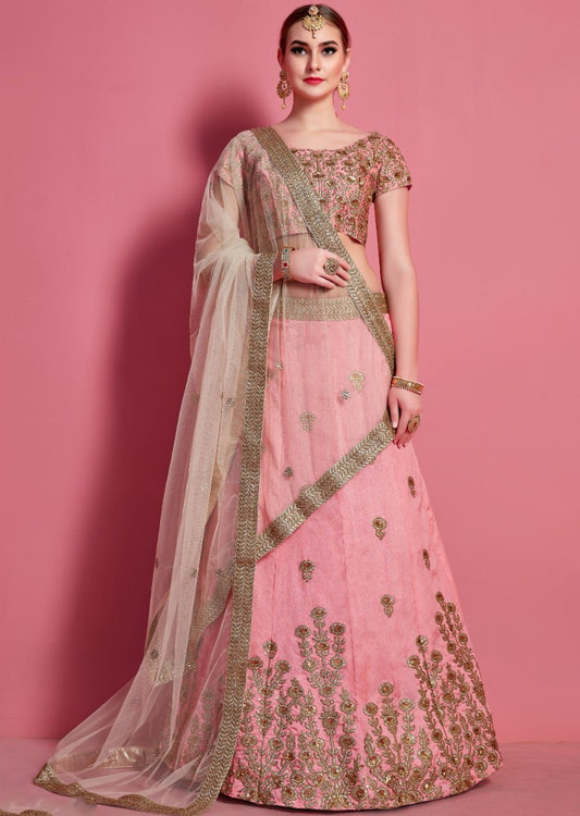 Baby pink art silk embroidered work bridal lehenga choli