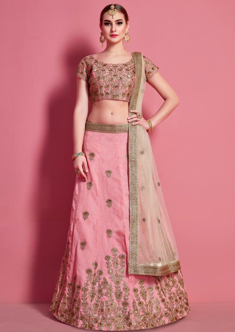 Baby pink art silk embroidered work bridal lehenga choli
