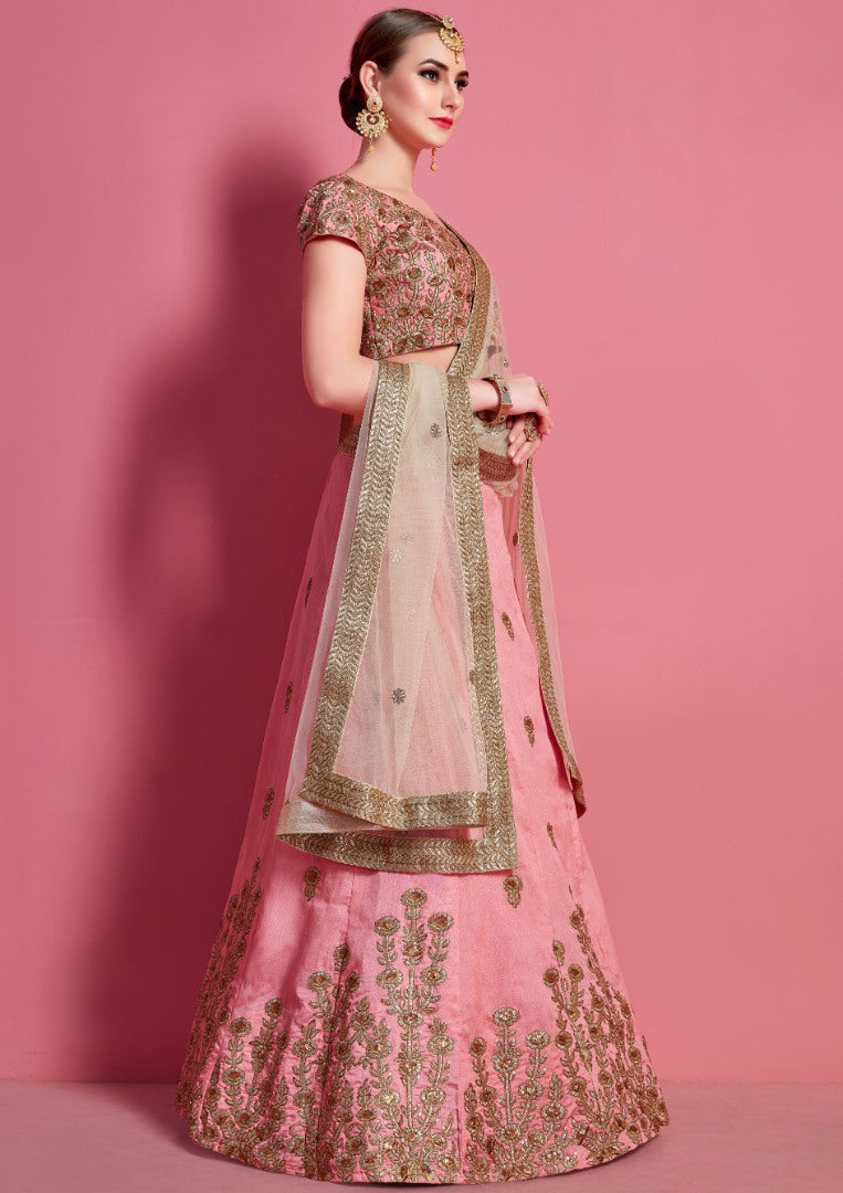 Baby pink art silk embroidered work bridal lehenga choli
