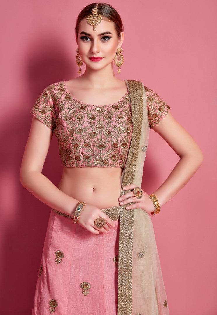 Baby pink art silk embroidered work bridal lehenga choli