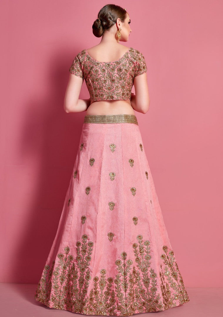 Baby pink art silk embroidered work bridal lehenga choli