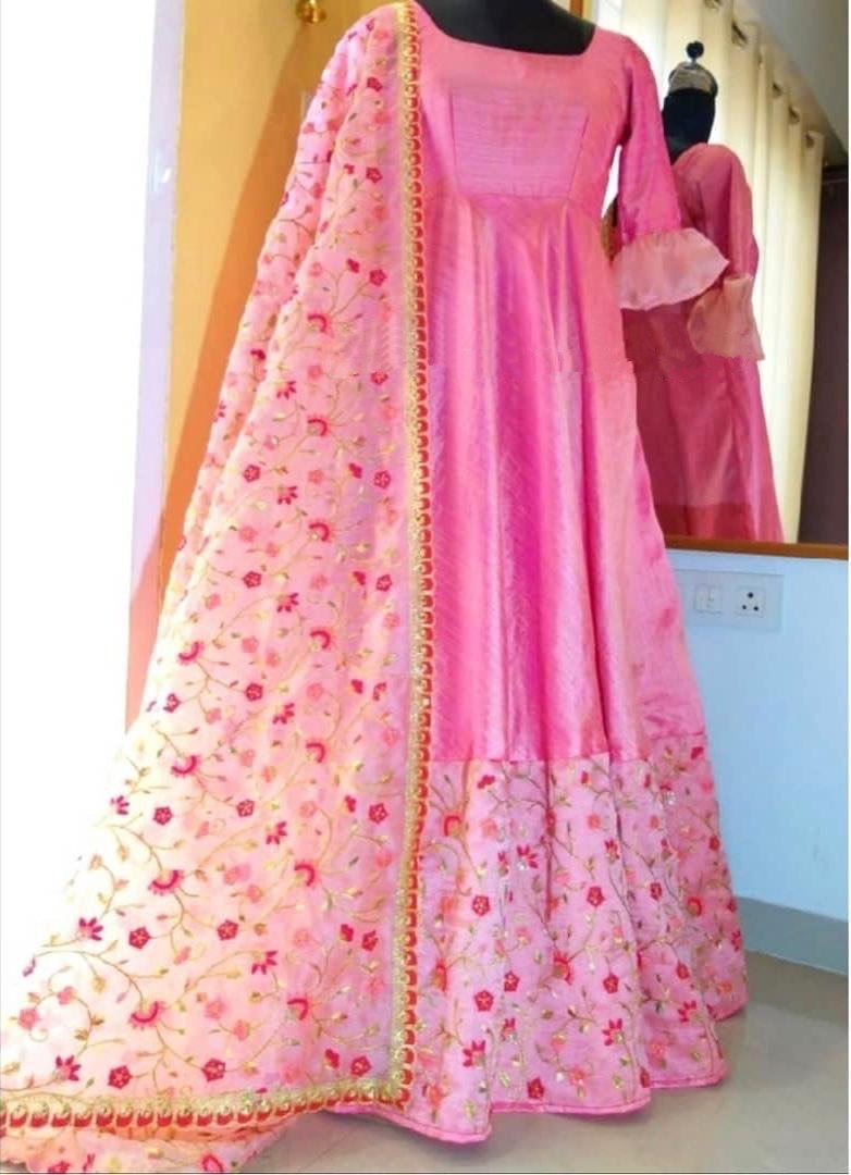 Baby pink banglory satin embroidered long gown with dupatta