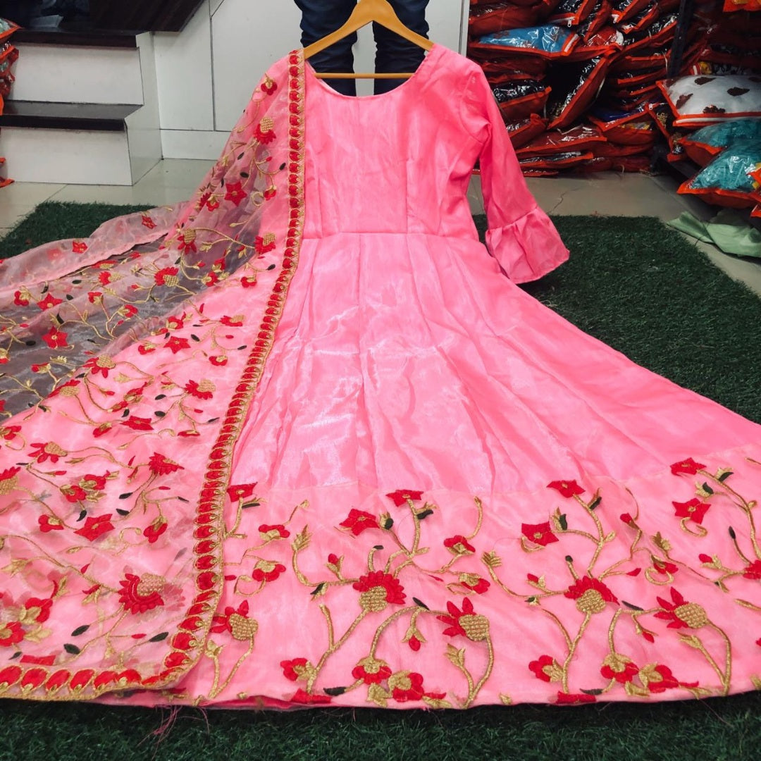 Baby pink banglory satin embroidered long gown with dupatta