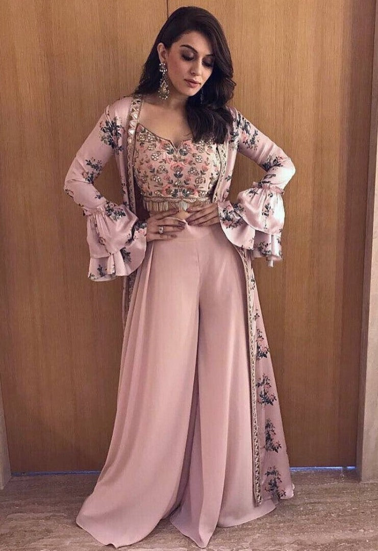 baby pink bollywood style plazzo salwar suit with printed shrug