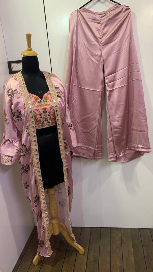 baby pink bollywood style plazzo salwar suit with printed shrug
