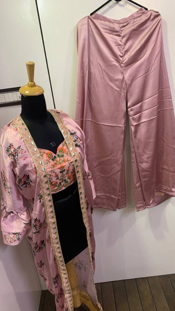 baby pink bollywood style plazzo salwar suit with printed shrug