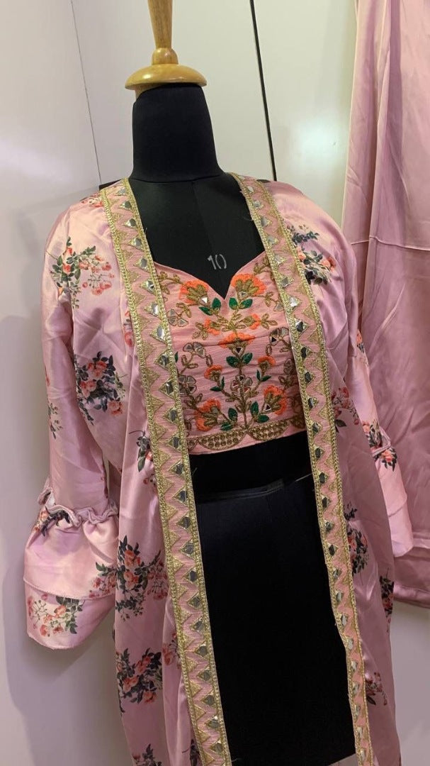 baby pink bollywood style plazzo salwar suit with printed shrug