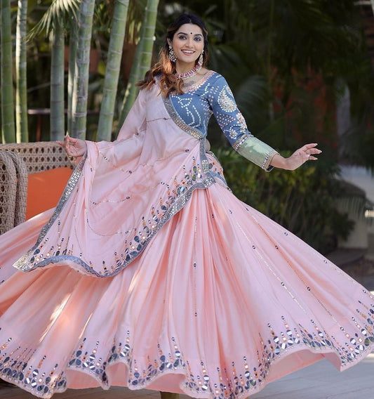 Baby pink butter silk embroiery and mirror work flairy girlish lehenga choli