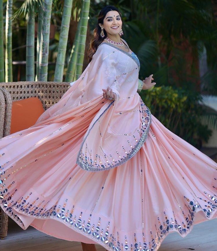 Baby pink butter silk embroiery and mirror work flairy girlish lehenga choli