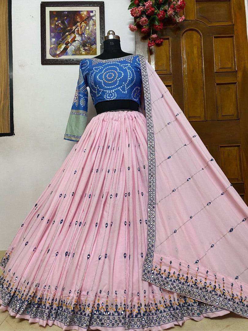 Baby pink butter silk embroiery and mirror work flairy girlish lehenga choli