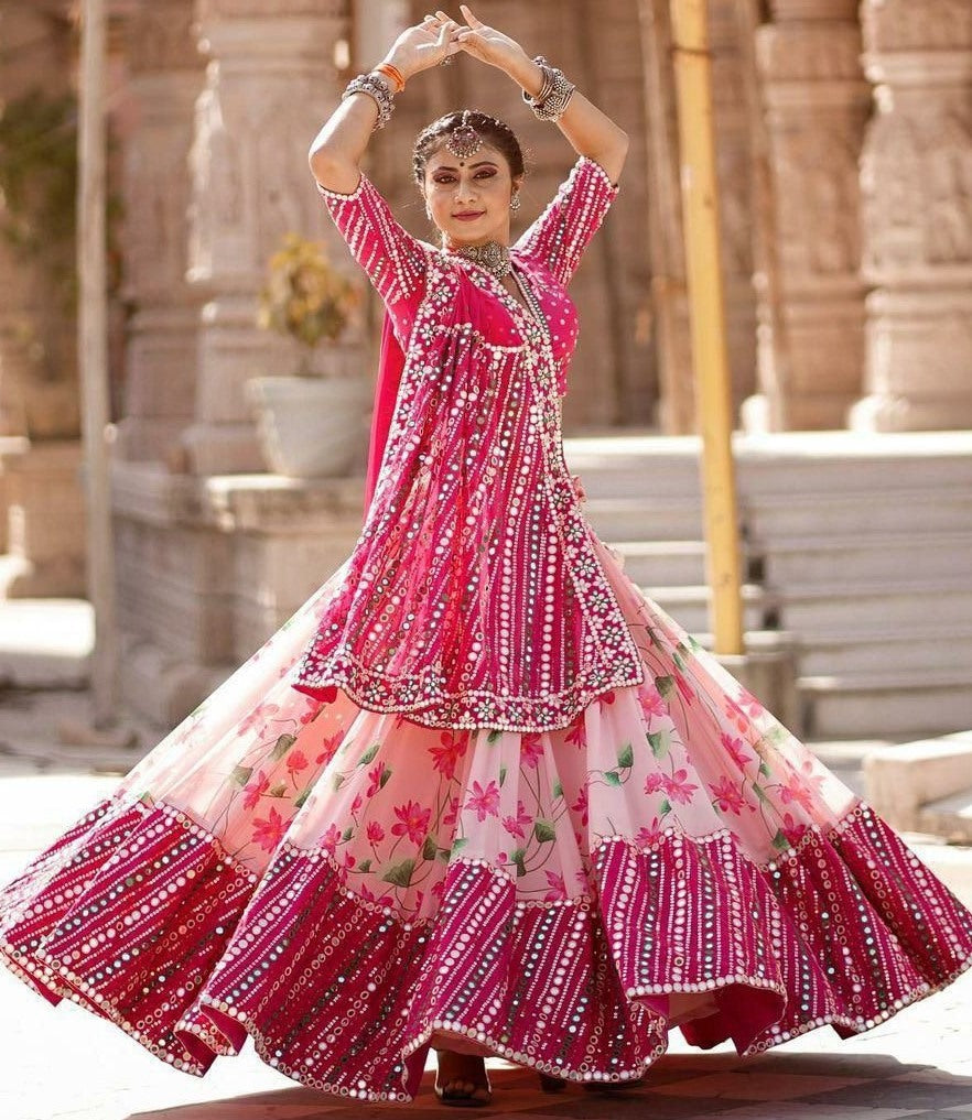 Baby pink butter silk print and mirror work navratri lehenga choli