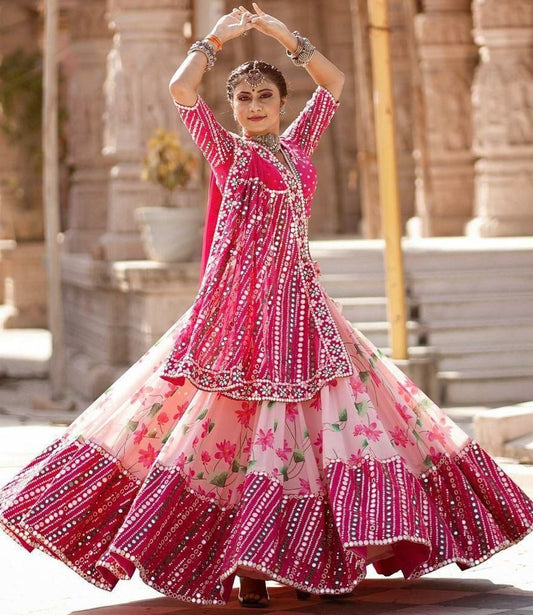 Baby pink butter silk print and mirror work navratri lehenga choli
