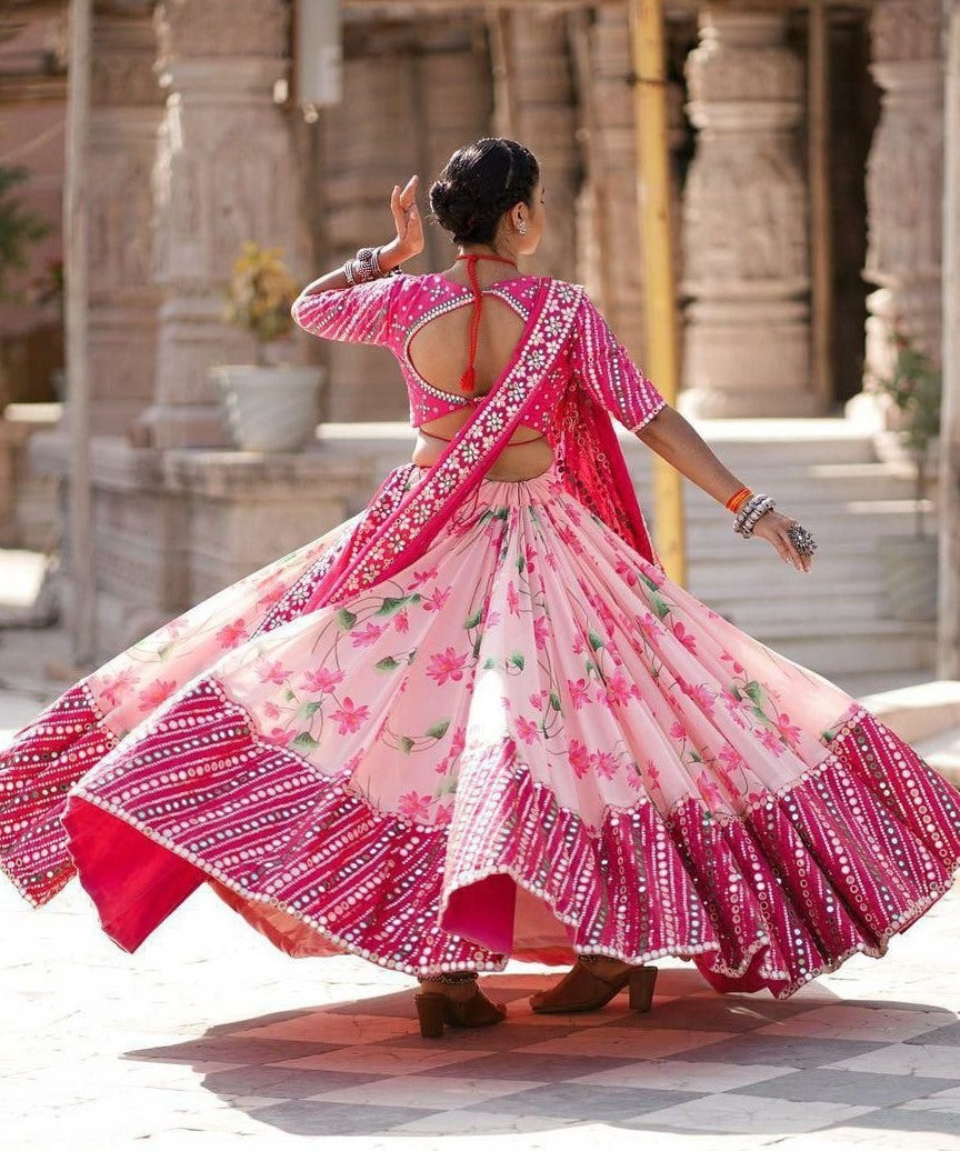 Baby pink butter silk print and mirror work navratri lehenga choli