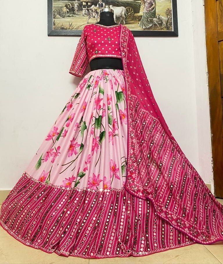 Baby pink butter silk print and mirror work navratri lehenga choli